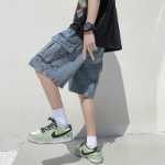 홍콩 차이 문학 남성 작업복 데님 반바지 소년 여름 조류 큰 주머니 느슨한 소년 바지 바지 다섯 바지의 그림