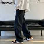 검은 작업 바지 아들 남성 하이 스트리트 인 조수 봄과 가을 느슨한 스트레이트 와이드 레그 캐주얼 바지 힙합 튀긴 거리 바지의 그림
