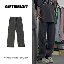 홍콩 차이 문학 남성 블랙 워싱 청바지 남성 가을 아메리칸 타이드 루즈 캐주얼 바지 스트레이트 팬츠의 그림