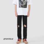 검은 깨진 구멍 청바지 남자 가을 느슨한 스트레이트 바지 아메리칸 하이 스트리트 분위기 복고풍 소년 캐주얼 바지의 그림