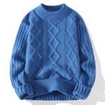 단색 낮은 목 남성 트위스트 따뜻한 점퍼 2023 겨울 새로운 청소년 라운드 넥 양모 양털 니트 바닥 셔츠의 그림