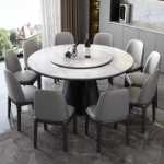 가벼운 고급 슬레이트 식탁과 의자 조합 현대적이고 단순한 고급 원목 가정용 소형 가정용 유도 밥솥과 턴테이블 원형 테이블의 그림