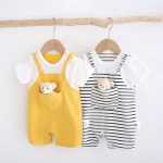 아기 옷 여름 반팔 아기 원시 스트랩 백 가짜 두 조각 아기 옷 곰 아기 옷 도매 보내기의 그림