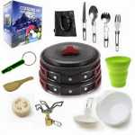 캠핑 냄비와 팬 미니 스토브 18 개 세트 캠핑 스토브 조리기구 백패커 경량 냄비 및 팬 야외 캠핑 조리기구 세트의 그림