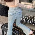 실제 ~ 마이크로 플레어 청바지 여성 가을 하이 웨이스트 탄성 얇은 슬림 힙 리프팅 팬츠 레트로 아메리칸 스타일의 그림