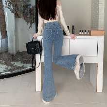 실제 ~ 마이크로 플레어 팬츠 말굽 바지 여성 하이 웨이스트 타이트 얇은 복고풍 탄성 러브 포켓 청바지의 그림